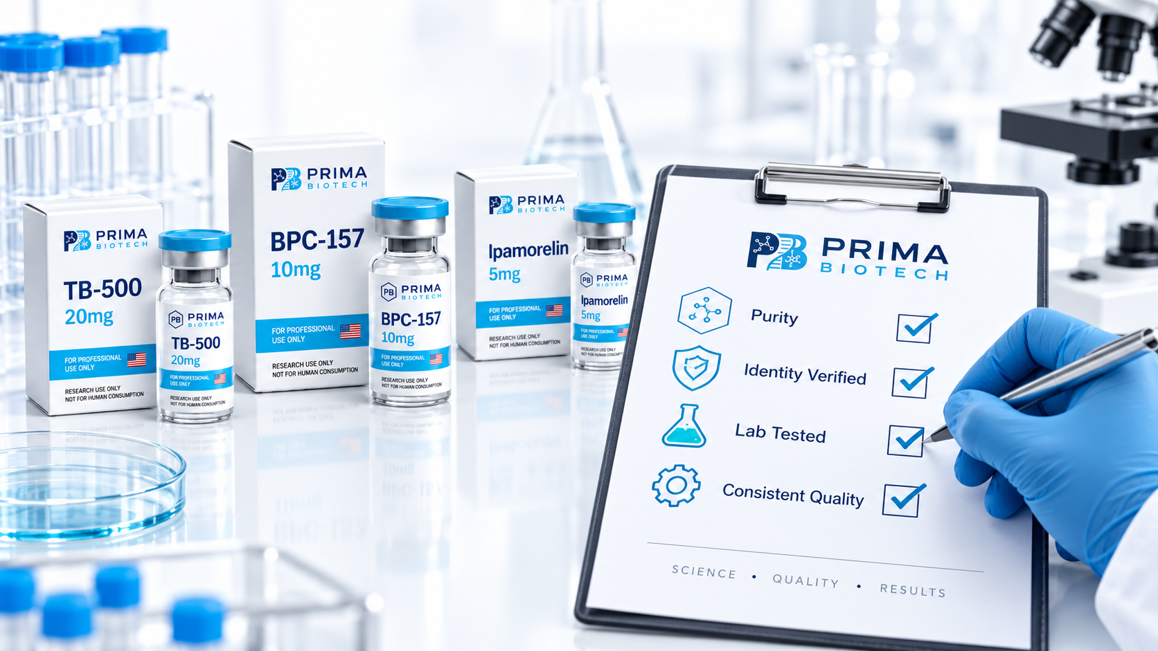 Prima Biotech quality checklist alongside research vials