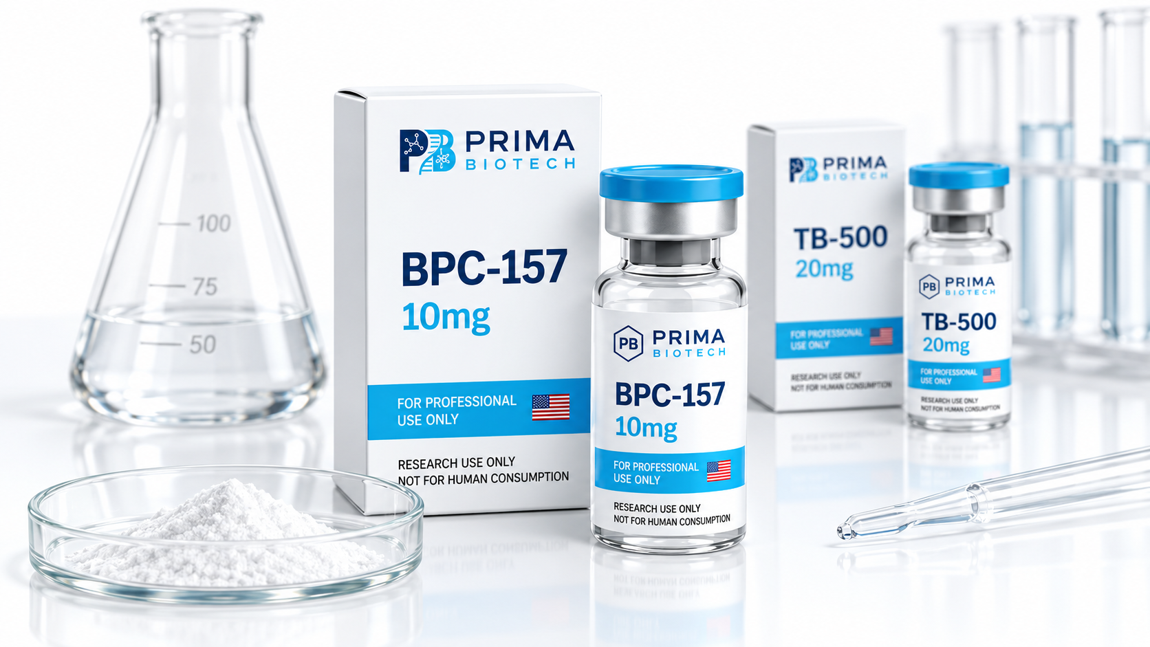 Prima Biotech BPC-157 carton and vial on a laboratory bench