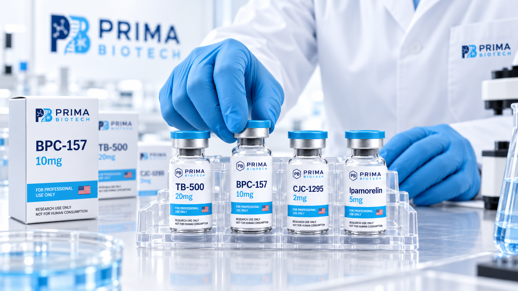 Gloved hands loading Prima Biotech research vials into a rack