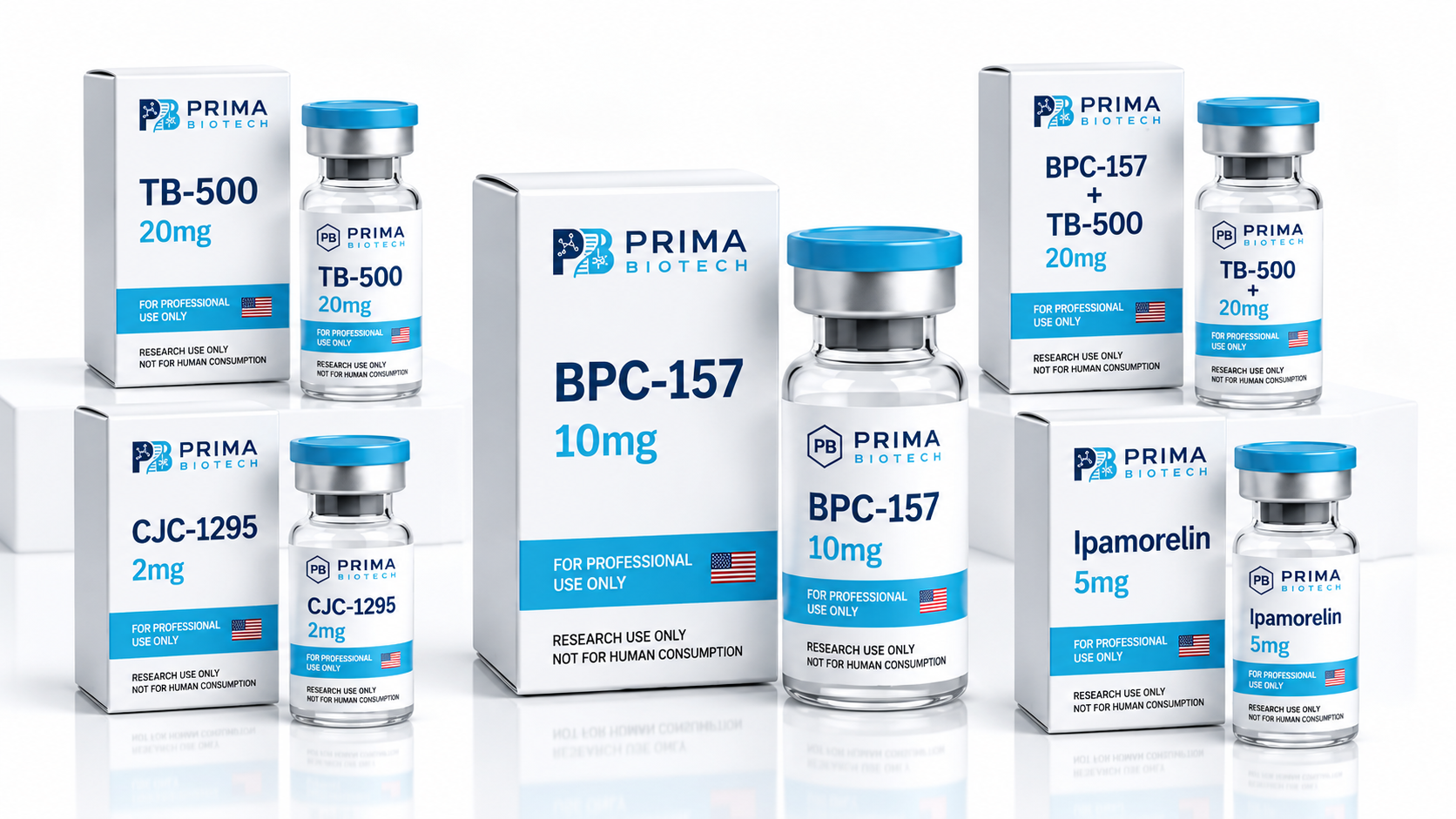 Prima Biotech research peptide cartons and vials