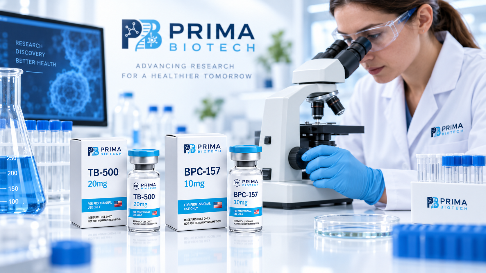 Researcher at a microscope with Prima Biotech products