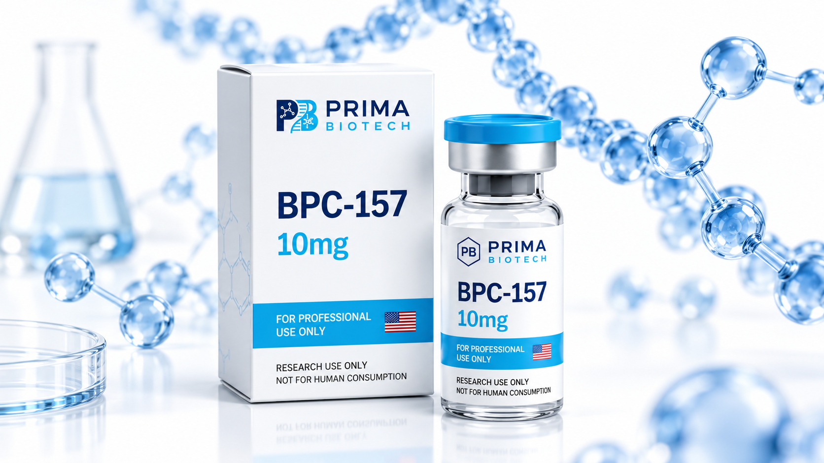 Prima Biotech BPC-157 carton and vial with molecular model